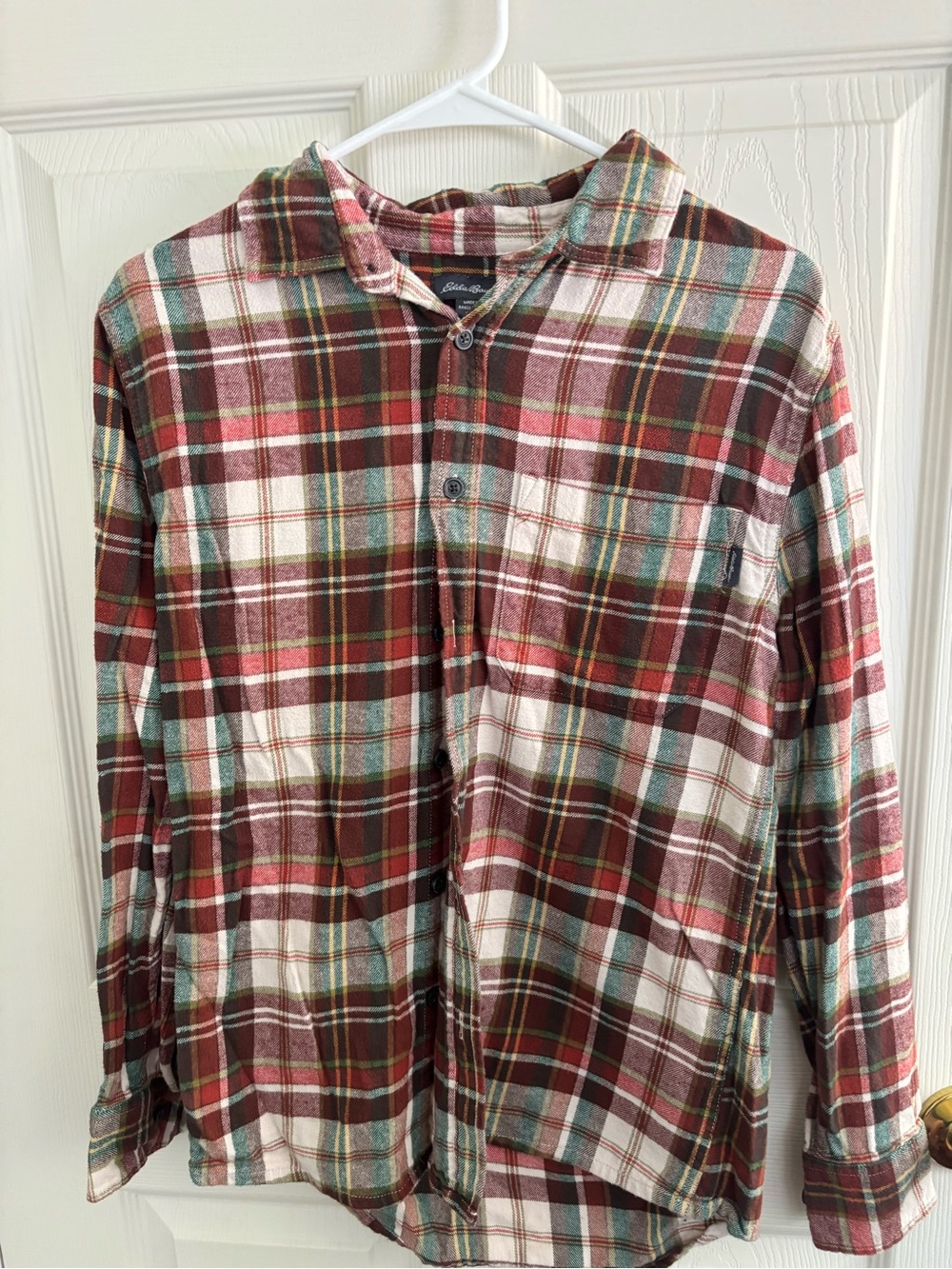 Eddie Bauer Red, Green & Cream Plaid Flannel Shirt